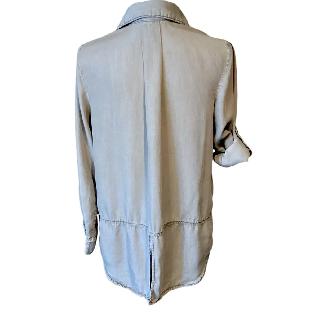 Terre‎ Bleue Lyocell Split Back Roll Tab Sleeve Gray Green Blouse Medium